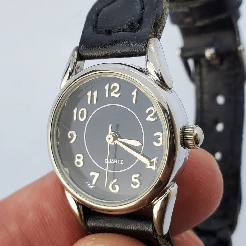 Women's Watch 24MM‎ Black Dial Black Braided Leather Band Straps New Battery